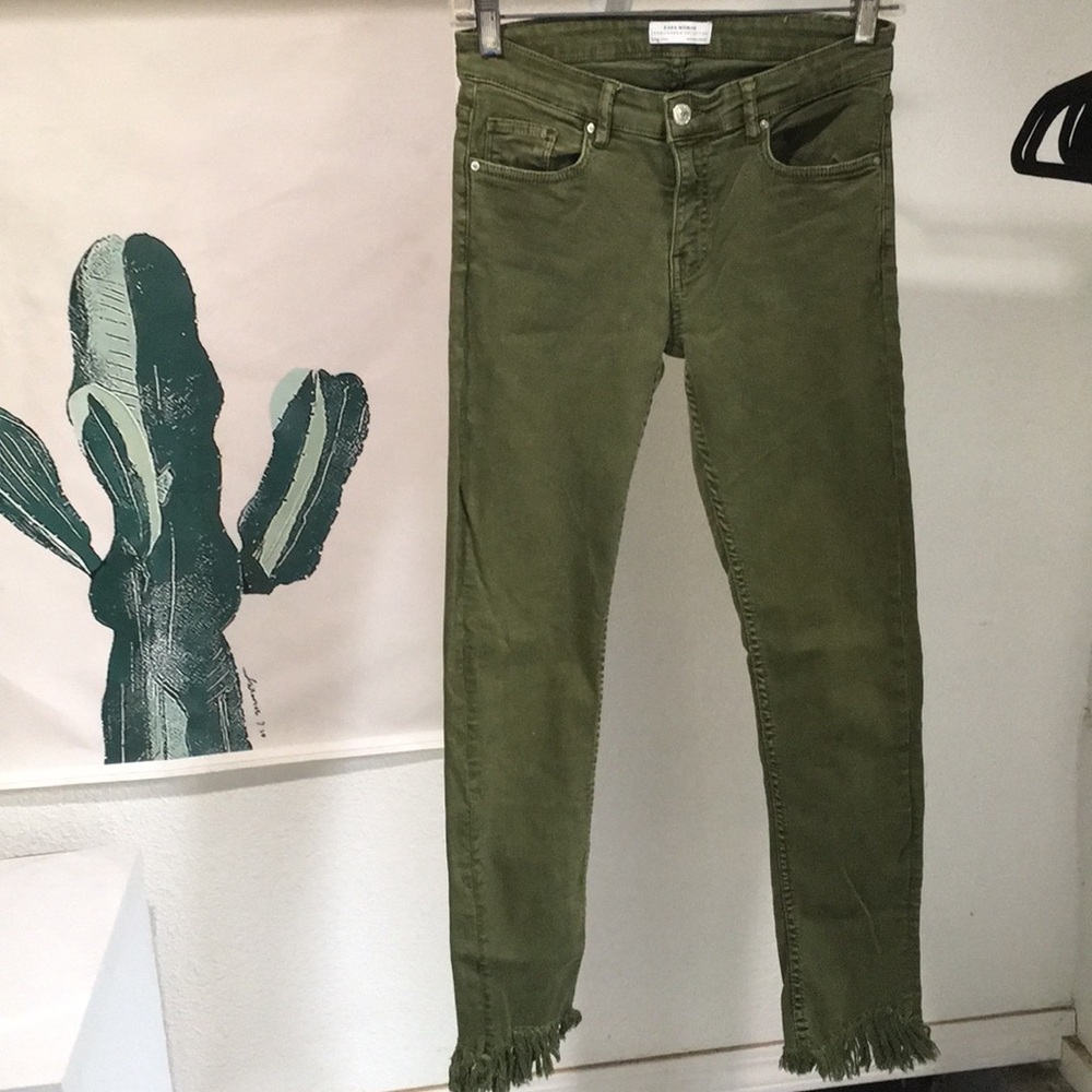 Olive Green Zara Skinny Jeans with Frayed Bottom